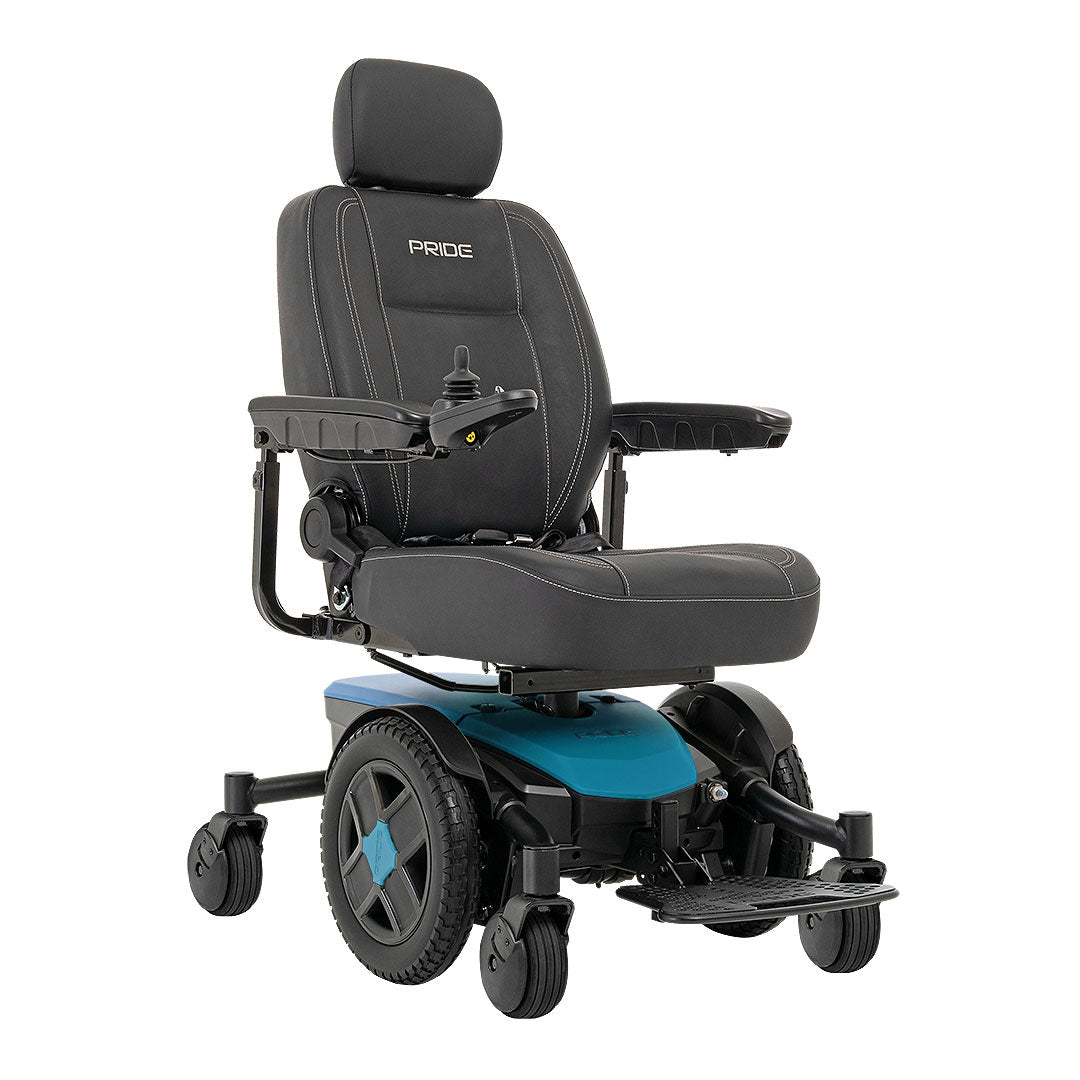 Pride Jazzy EVO 613 power wheelchair with black cushioned seat and blue base by Pride Mobility