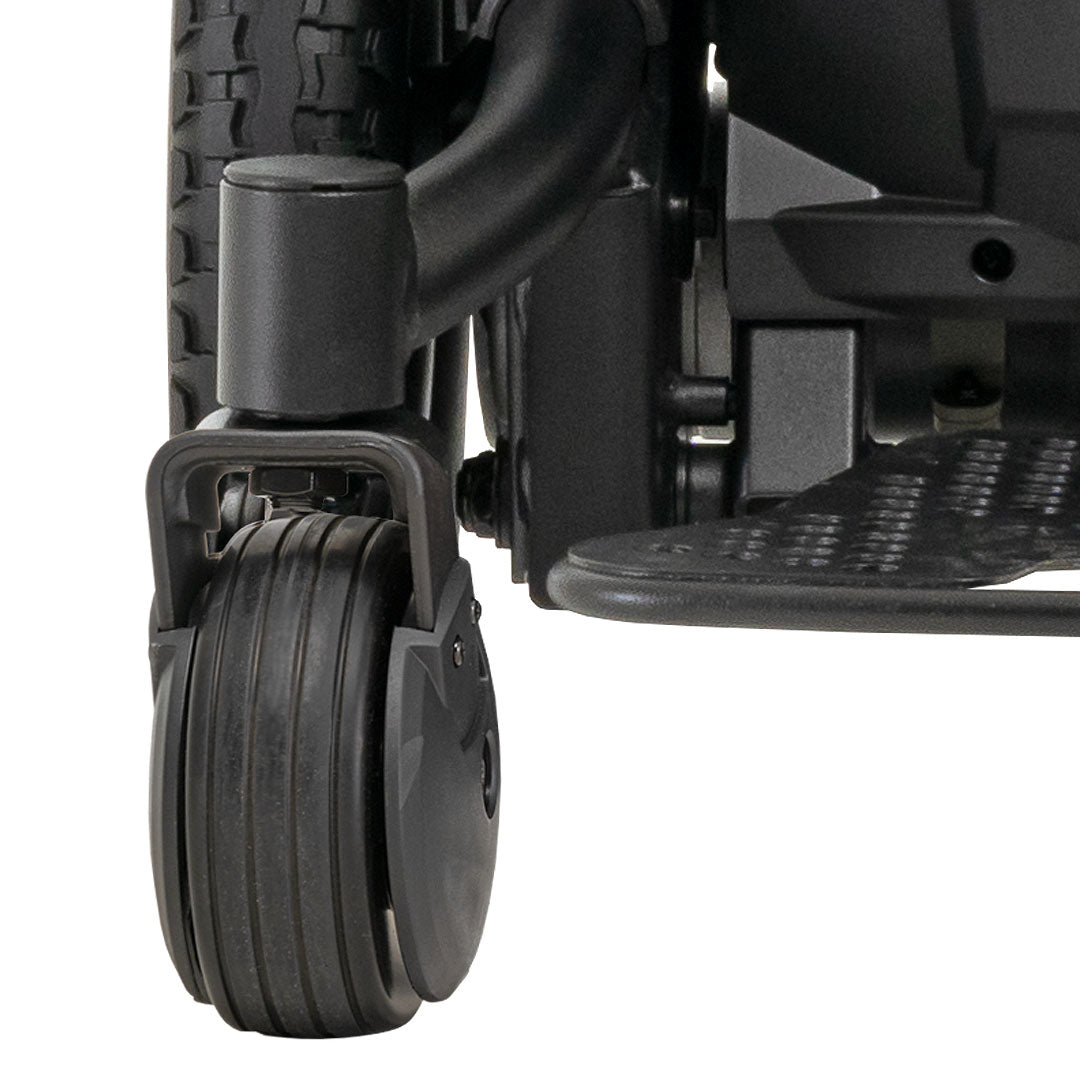 Close-up of front caster wheel and footrest of Pride Jazzy EVO 613 power wheelchair