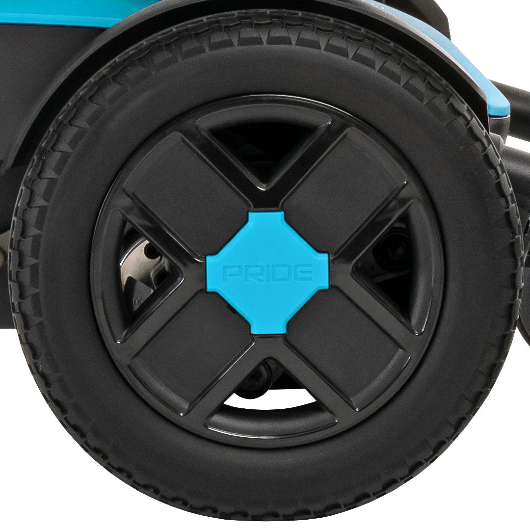 Close-up of black and blue wheel on Pride Jazzy EVO 613 power wheelchair by Pride Mobility