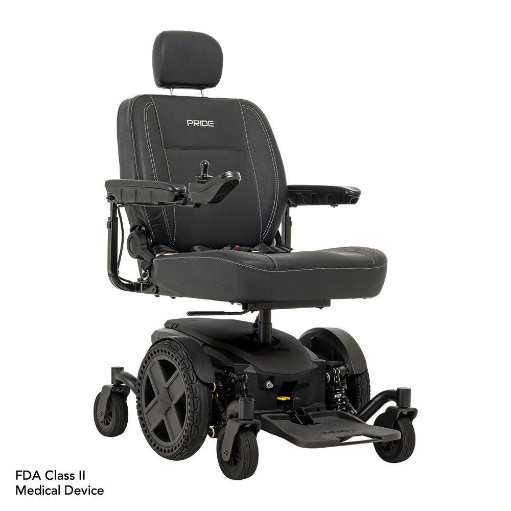 Pride Jazzy EVO 614 HD powered wheelchair with black cushioned seat and adjustable armrests