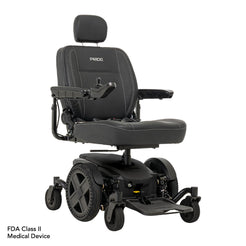 Pride Jazzy EVO 614 HD powered wheelchair with black cushioned seat and adjustable armrests
