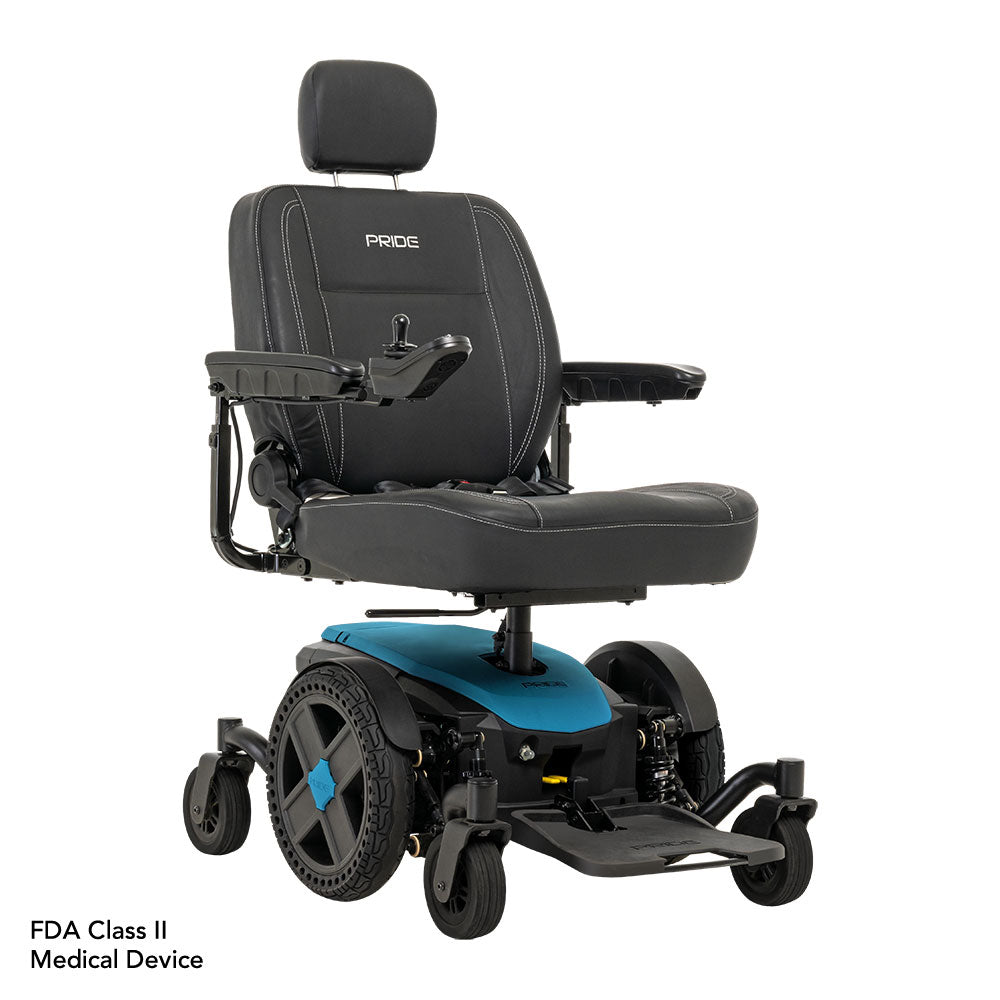 Pride Jazzy EVO 614 HD electric wheelchair with black cushioned seat and blue base for mobility assistance
