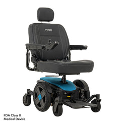 Pride Jazzy EVO 614 HD electric wheelchair with black cushioned seat and blue base for mobility assistance