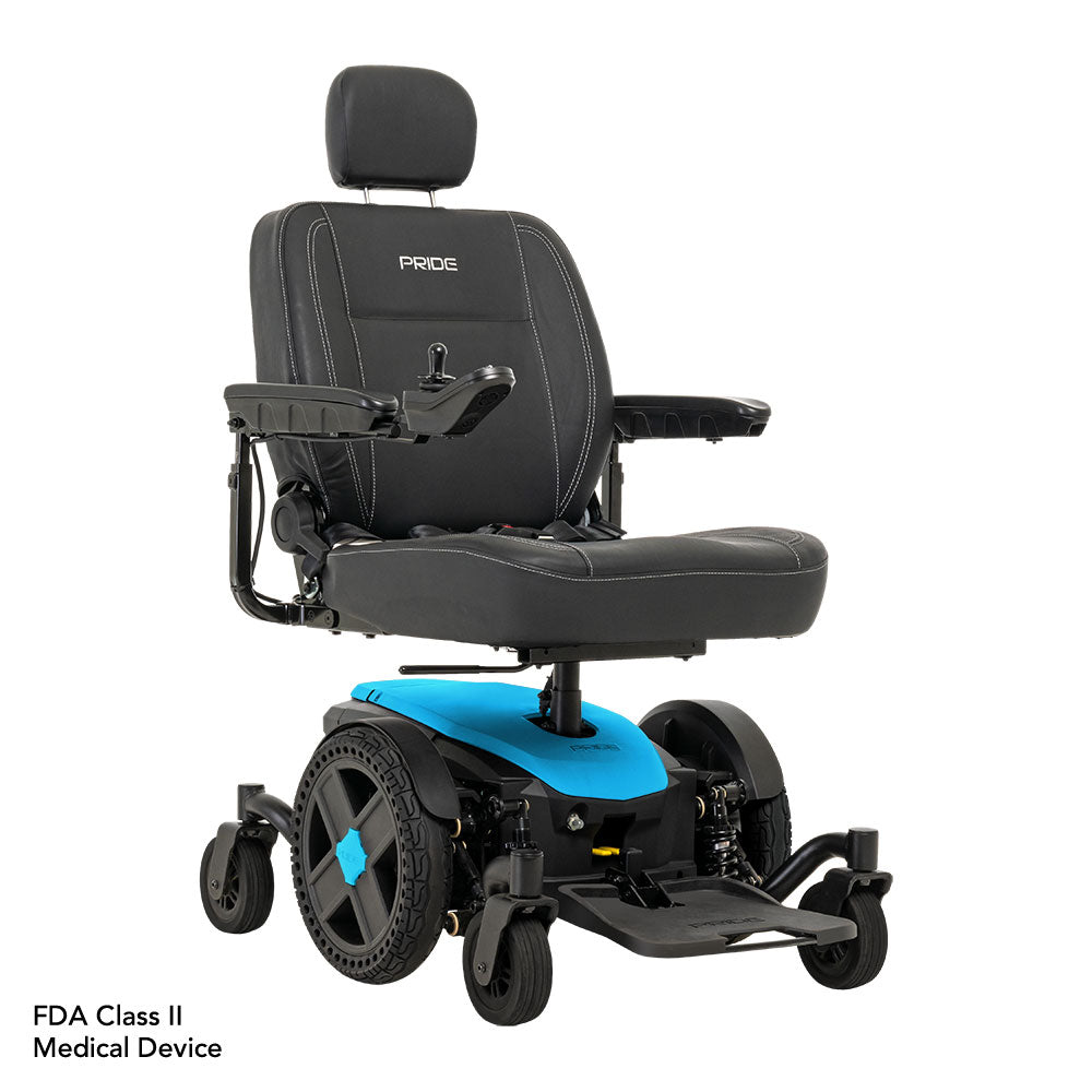 Pride Jazzy EVO 614 HD black and blue powered wheelchair with padded seat and adjustable armrests