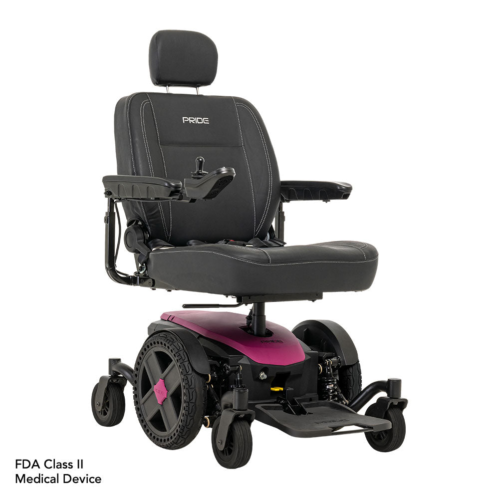 Pride Jazzy EVO 614 HD electric wheelchair with black cushioned seat and purple base by Pride Mobility