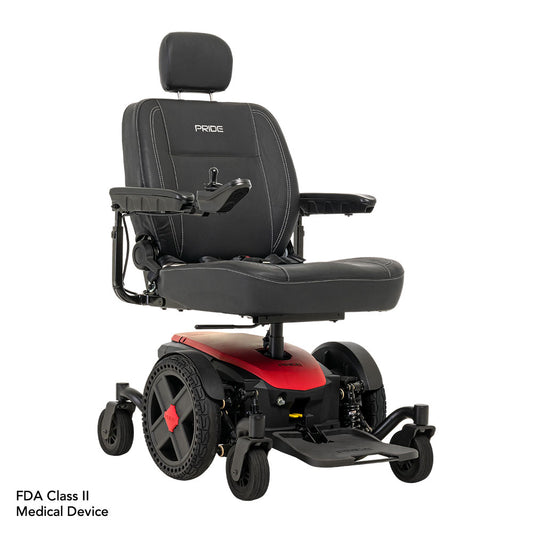 Pride Jazzy EVO 614 HD power wheelchair with black cushioned seat and red base by Pride Mobility