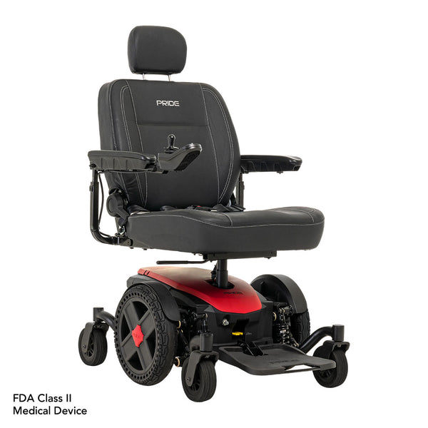 Pride Jazzy EVO 614 HD power wheelchair with black cushioned seat and red base by Pride Mobility