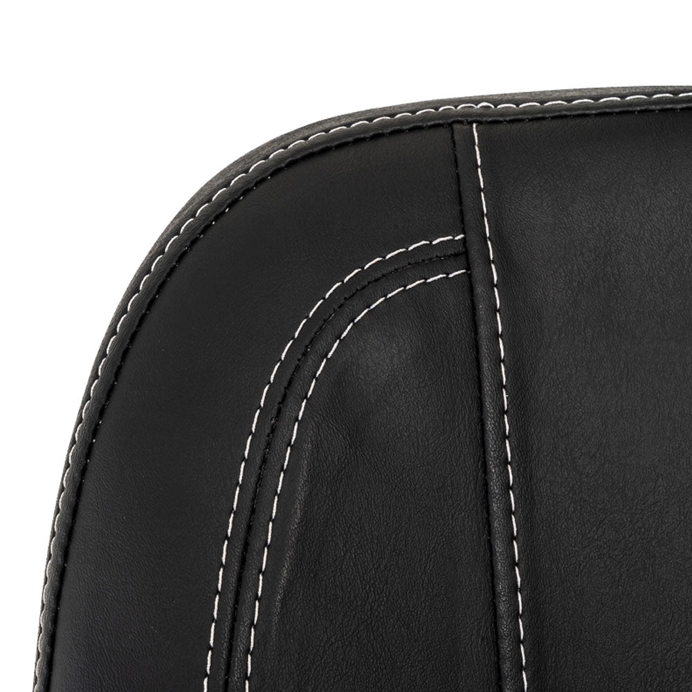 Close-up of black leather seat with white stitching from Pride Jazzy EVO 614 HD power wheelchair
