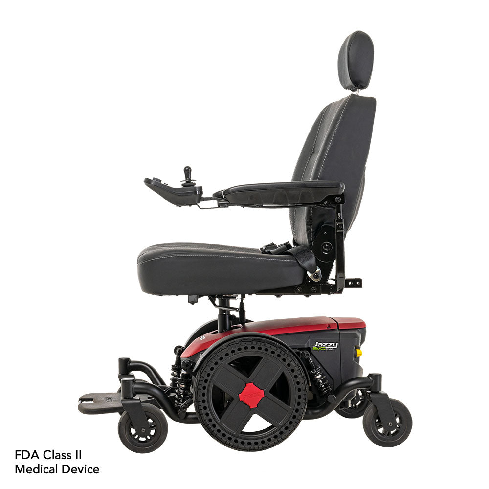 Pride Jazzy EVO 614 HD power wheelchair with black cushioned seat and red base by Pride