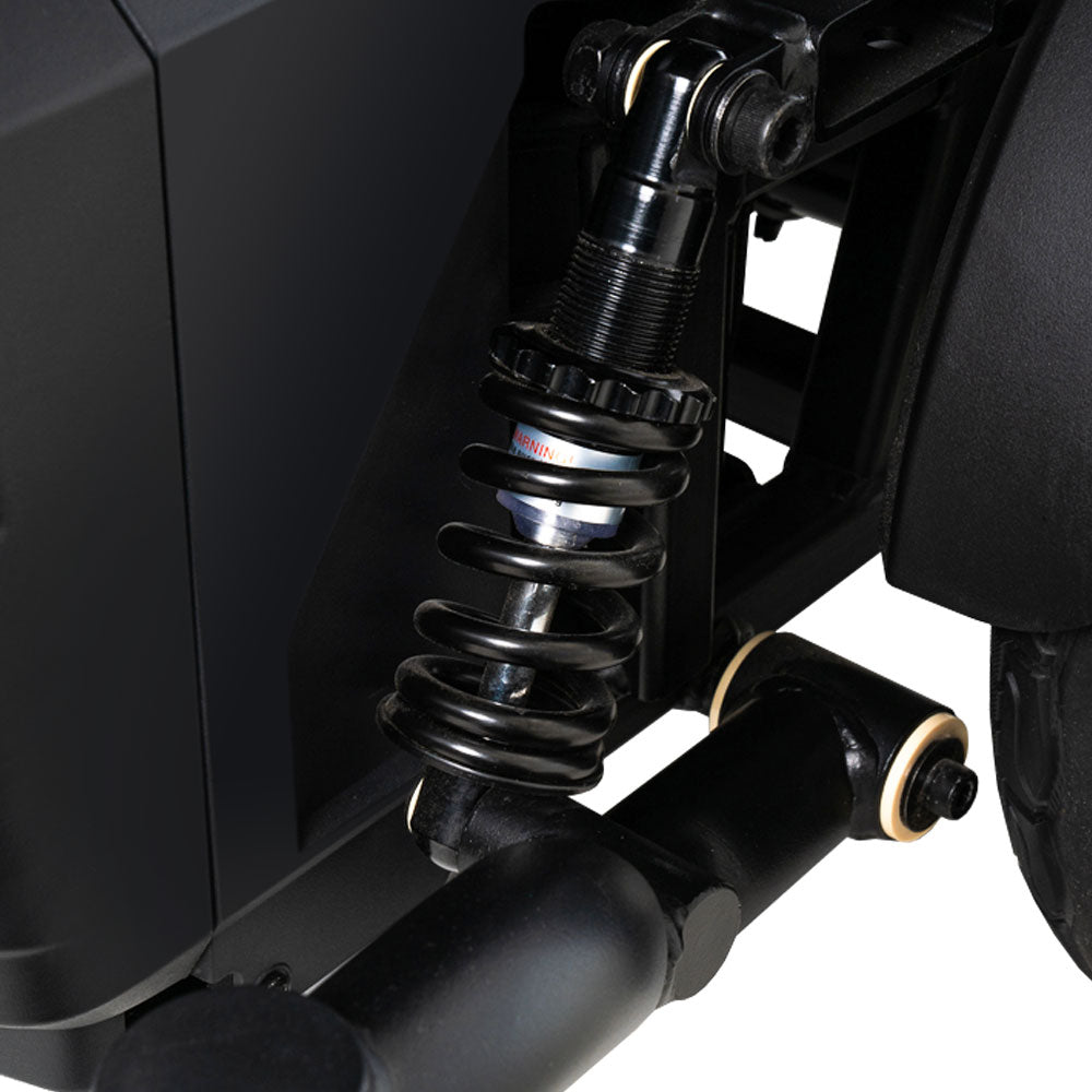 Close-up of the suspension system on the Pride Jazzy EVO 614 HD power wheelchair by Pride Mobility