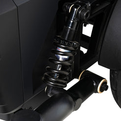 Close-up of the suspension system on the Pride Jazzy EVO 614 HD power wheelchair by Pride Mobility
