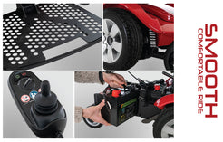 Close-up details of Pride Jazzy Select Power Chair showing footrest, rear wheel, joystick control, and battery replacement