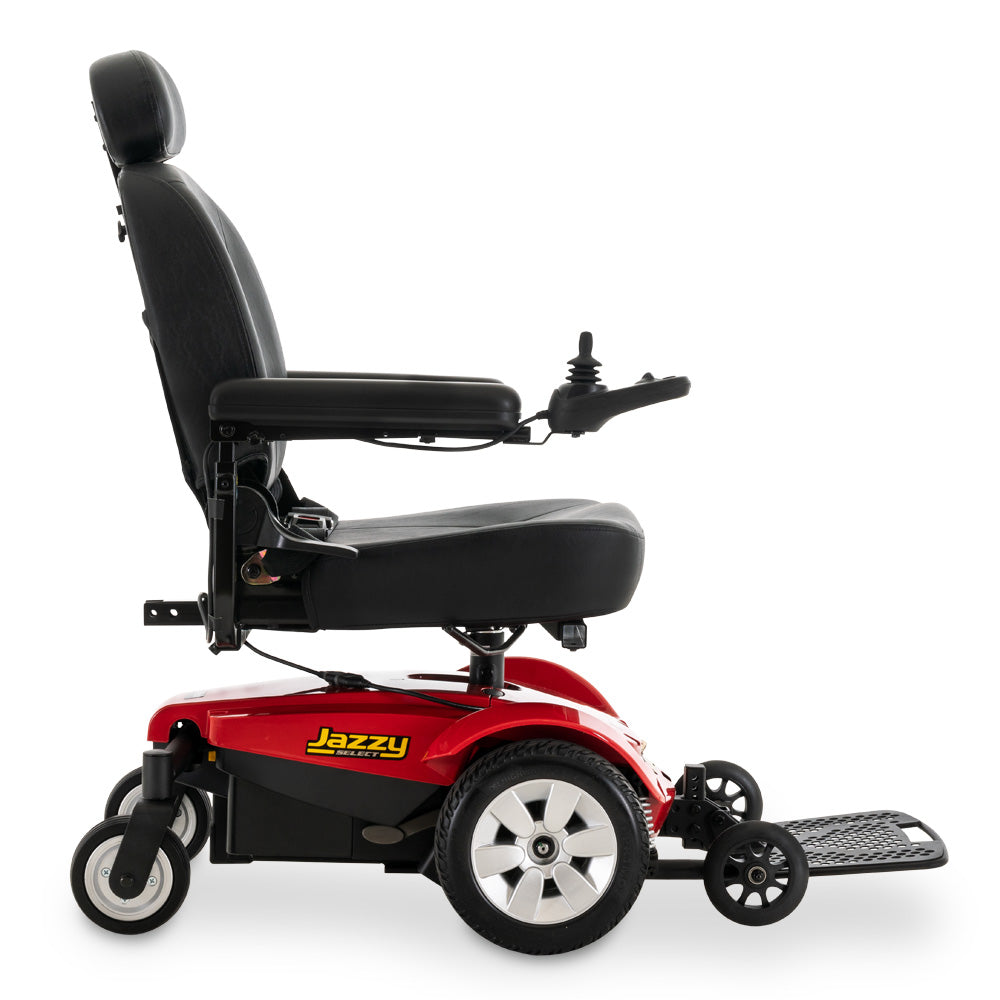 Pride Jazzy Select Power Chair with red base and black cushioned seat and armrests