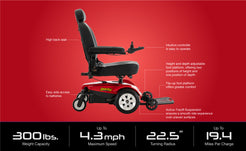 Pride Jazzy Select Power Chair in red with high back seat, adjustable foot platform, and intuitive controller