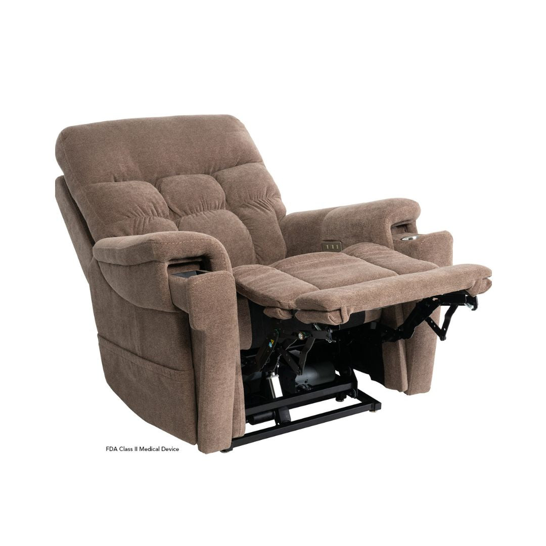 Pride Mobility VivaLift Ultra PLR4955M brown powered lift recliner chair with padded armrests and footrest extended
