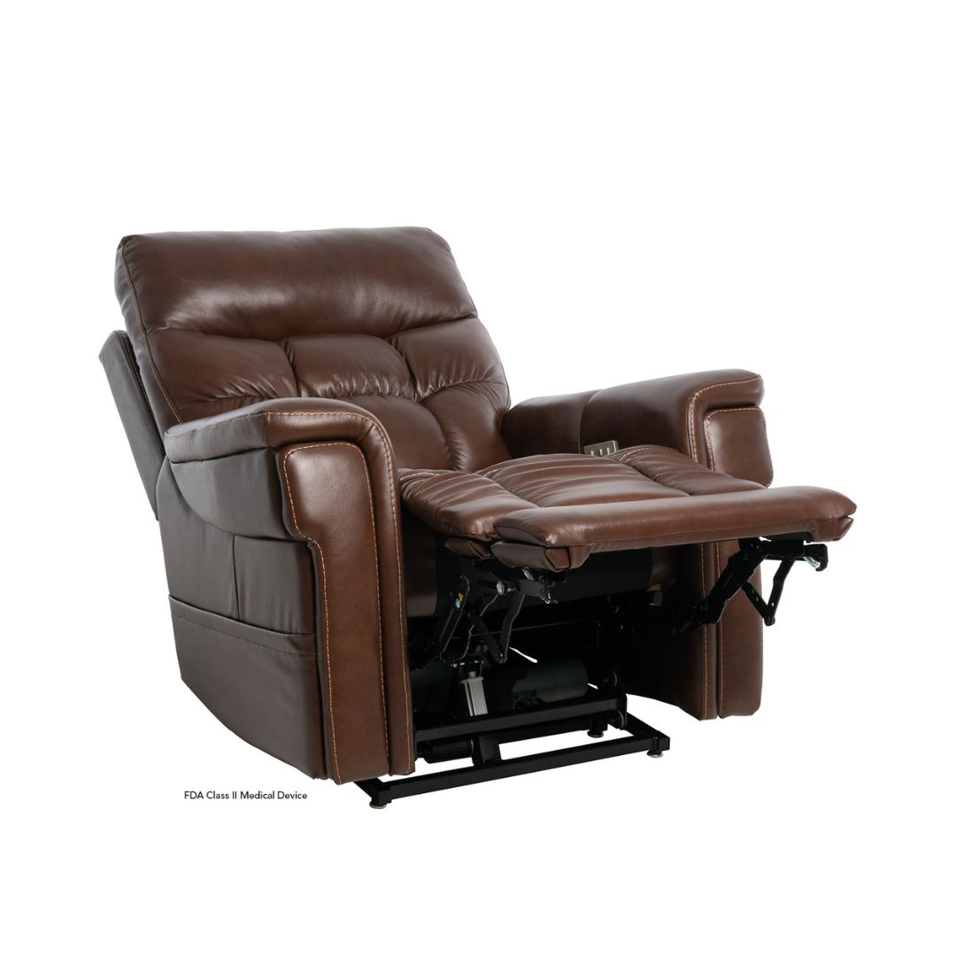 Pride Mobility VivaLift Ultra PLR4955M brown leather lift recliner chair with extended footrest