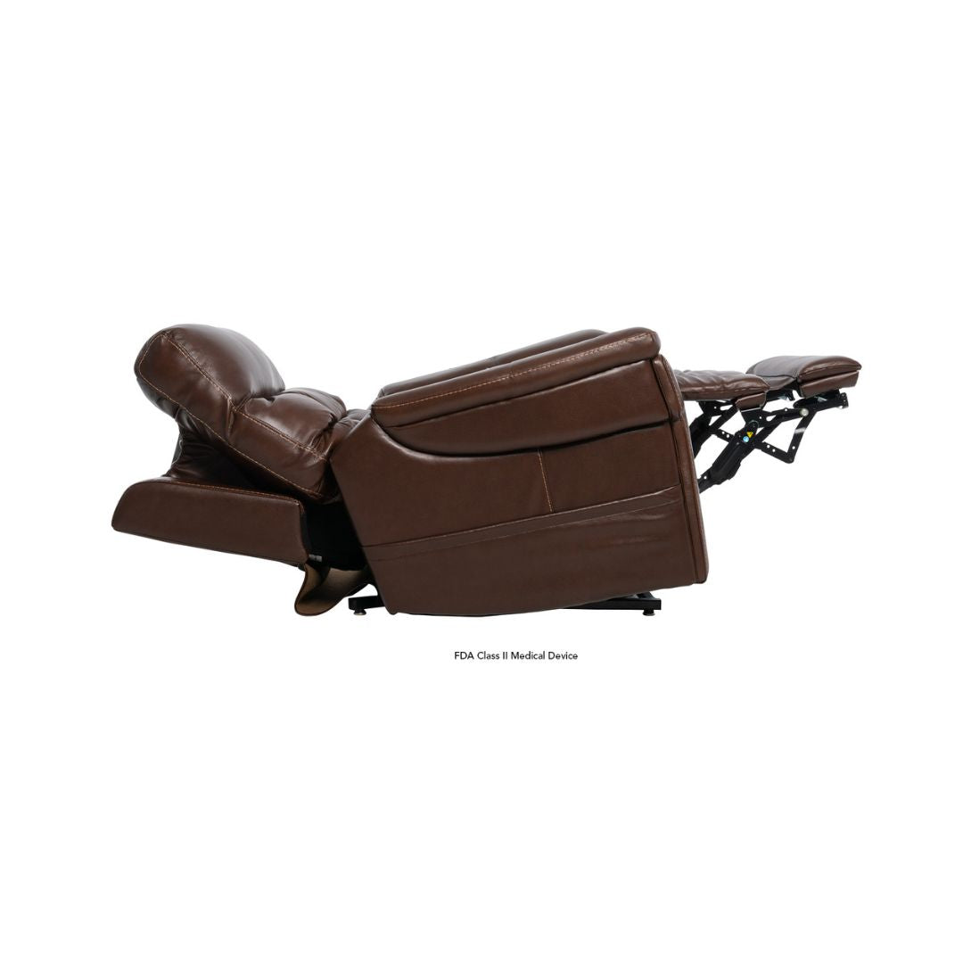 Pride Mobility VivaLift Ultra PLR4955M brown recliner chair fully extended with footrest