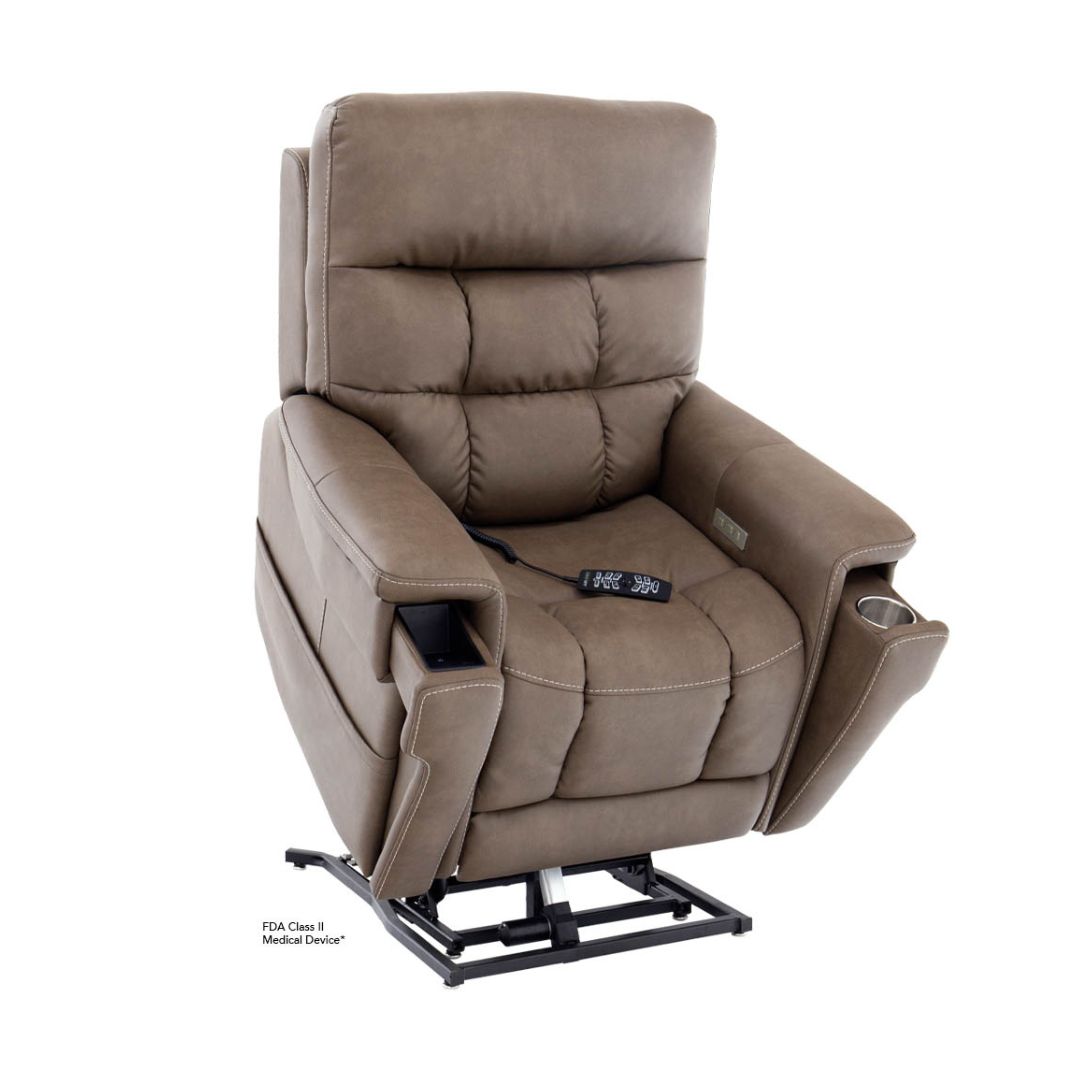 Pride Mobility VivaLift Ultra PLR4955M brown lift chair with remote and cup holder for comfort and support