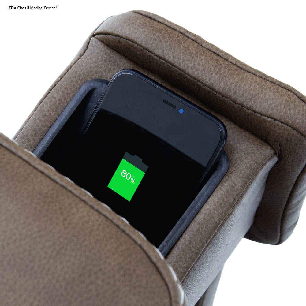 Pride Mobility VivaLift Ultra PLR4955M brown chair armrest with built-in smartphone charging pocket