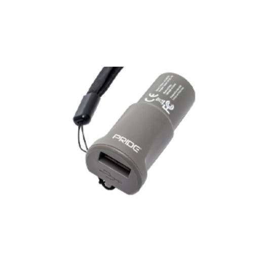 Pride Mobility XLR USB Charger in gray with USB port and attached black wrist strap