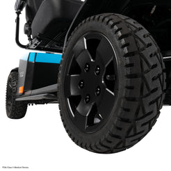 Close-up of rugged tire on Pride Mobility PX4 Heavy Duty 4 Wheel Mobility Scooter showing durable design