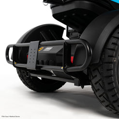 Close-up of PX4 Heavy Duty 4 Wheel Mobility Scooter rear bumper and rugged tires by Pride Mobility