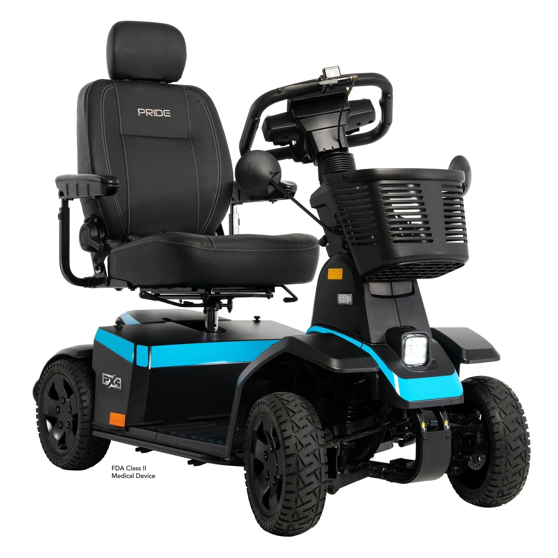 Pride Mobility PX4 Heavy Duty 4 Wheel Mobility Scooter in black with blue accents and front basket