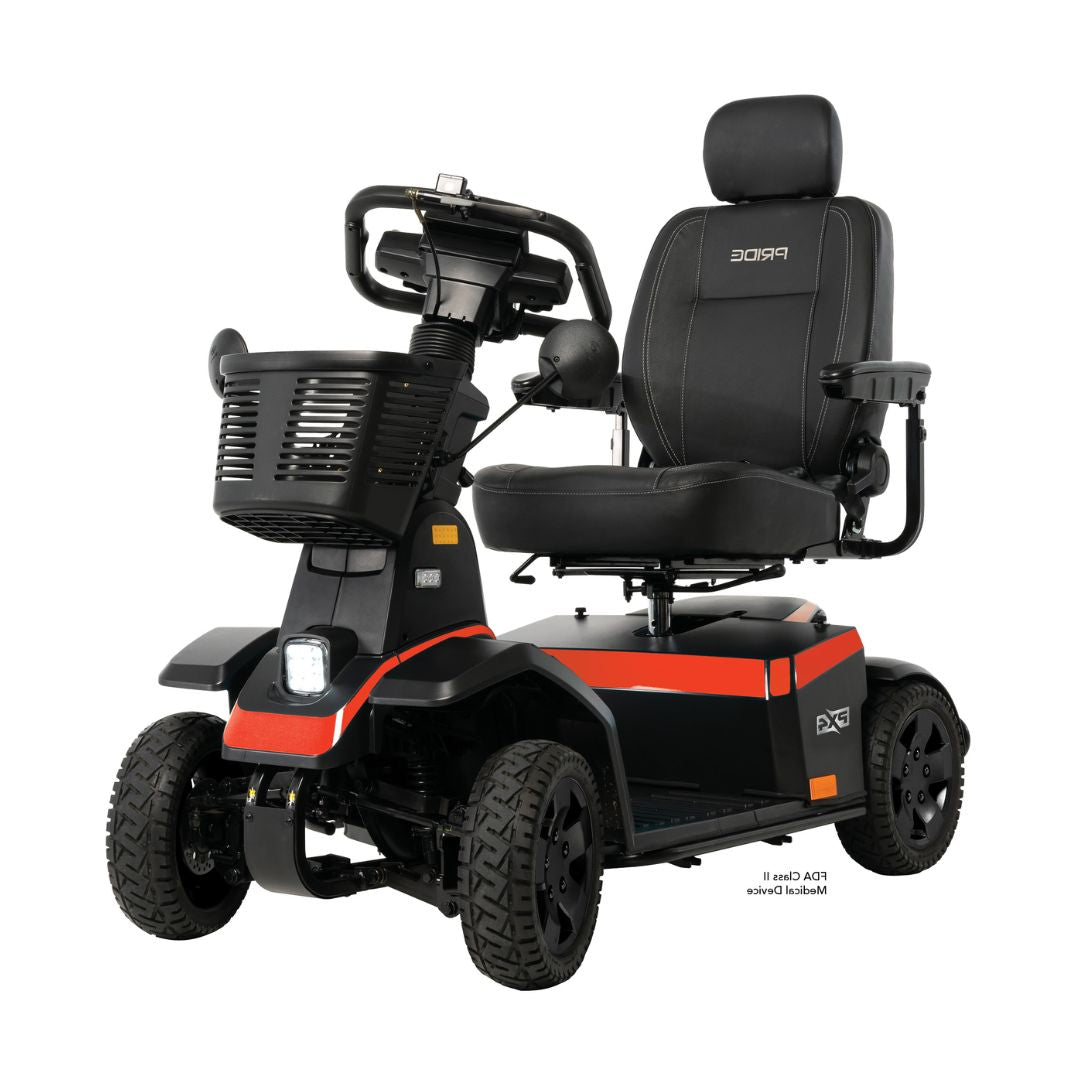 Pride Mobility PX4 Heavy Duty 4 Wheel Mobility Scooter with black cushioned seat and front basket