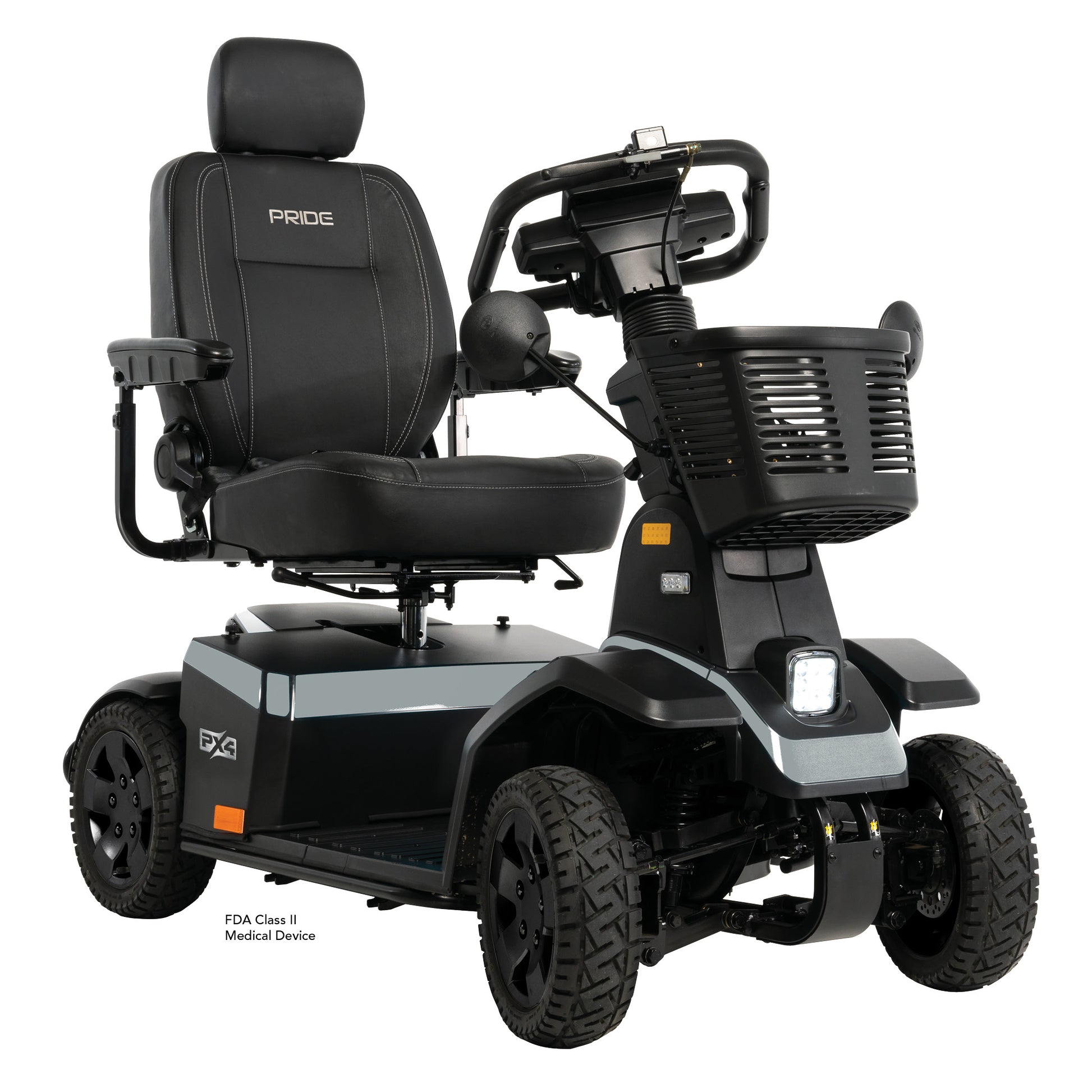 PX4 Heavy Duty 4 Wheel Mobility Scooter by Pride Mobility with black padded seat and front basket