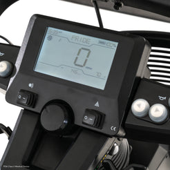 Control panel display of Pride Mobility PX4 Heavy Duty 4 Wheel Mobility Scooter showing speed and battery level