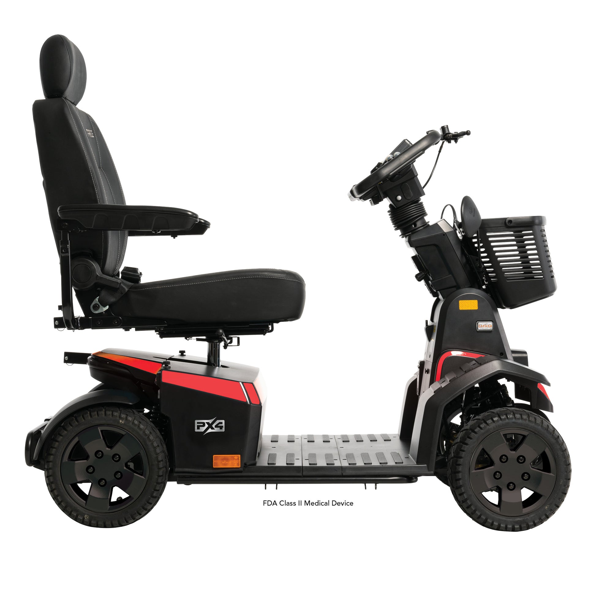 Pride Mobility PX4 Heavy Duty 4 Wheel Mobility Scooter in black and red with padded seat and storage basket