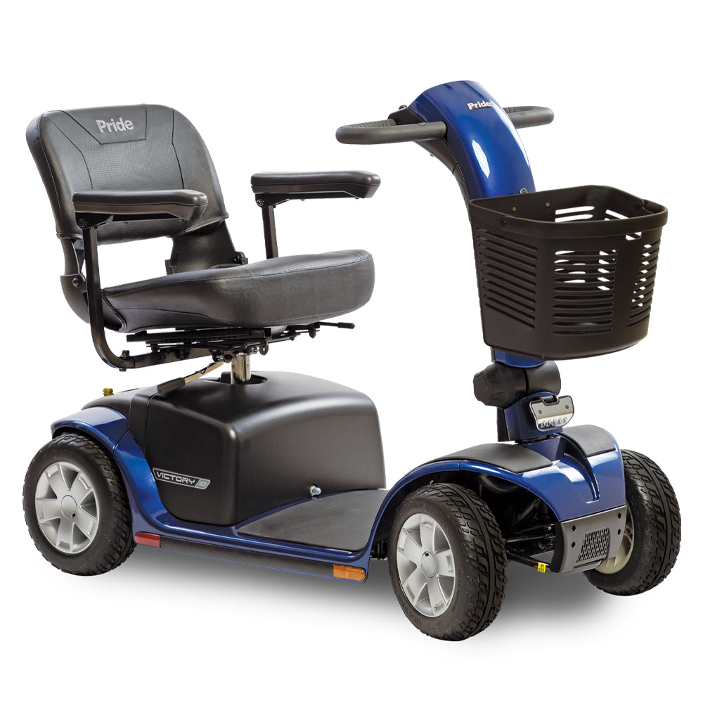 Pride Mobility Victory 10 4 Wheel Mobility Scooter in blue with black seat and front basket