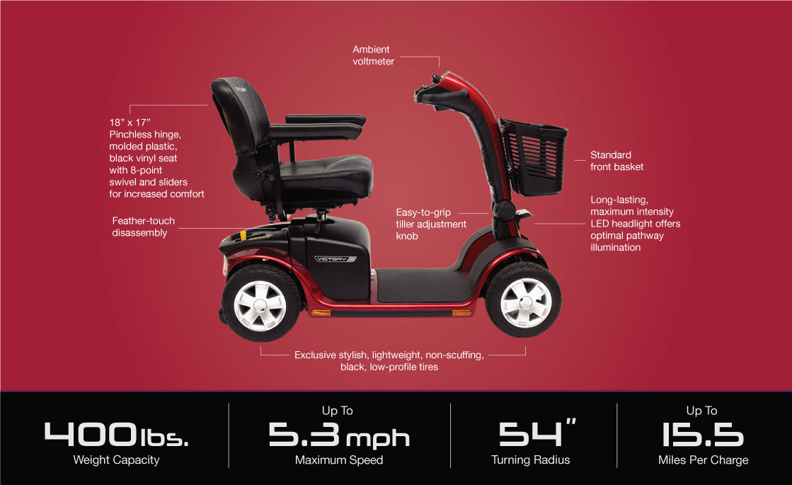 Pride Mobility Victory 10 4 Wheel Mobility Scooter in red with cushioned black seat and front basket