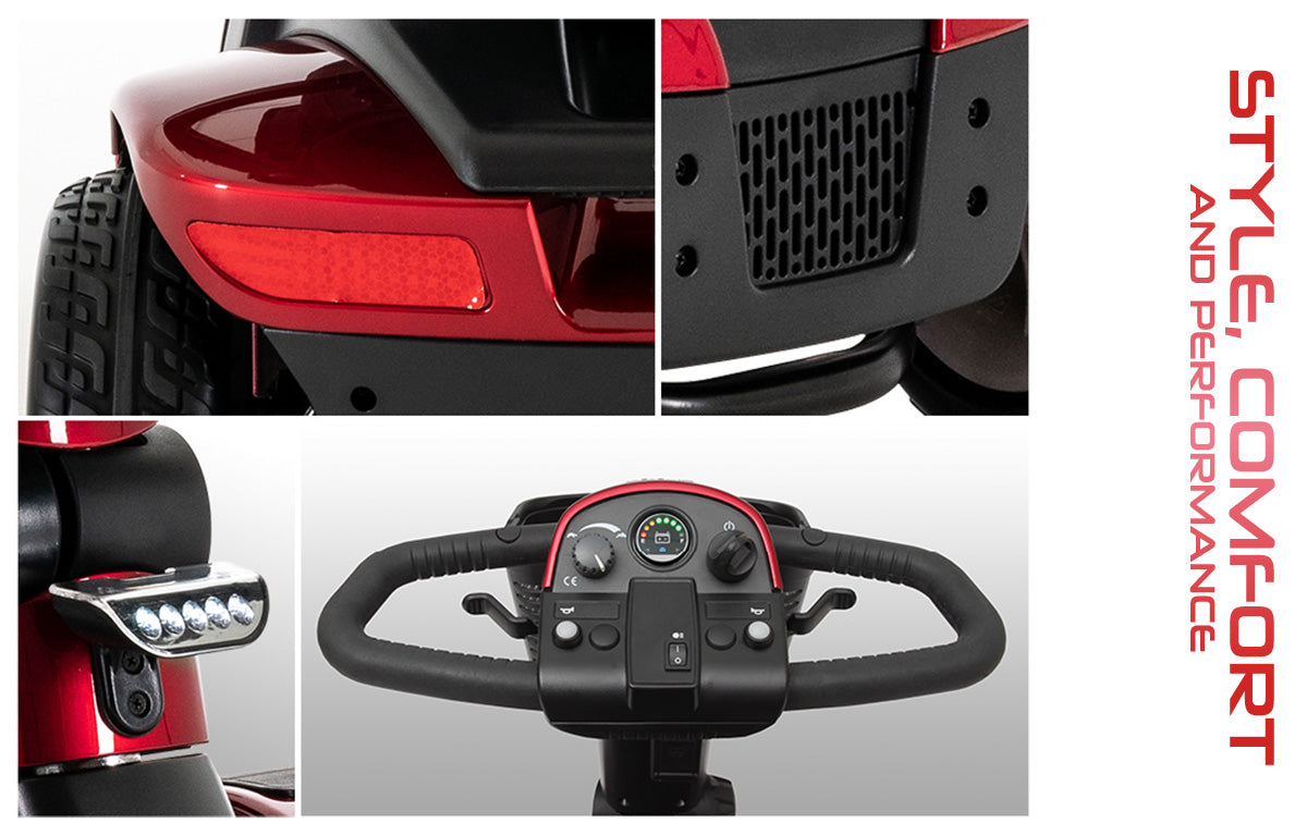 Pride Mobility Victory 9 4 Wheel scooter close-up views of rear light, ventilation, LED lights, and control panel