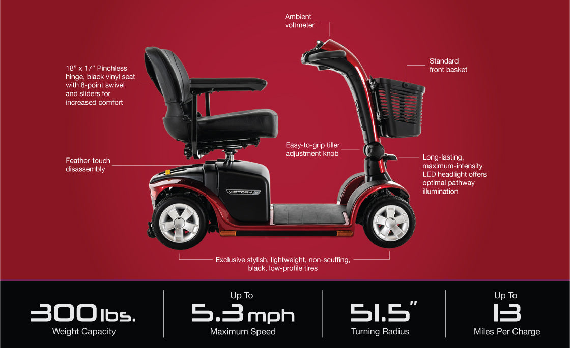 Pride Mobility Victory 9 4 Wheel red mobility scooter with comfortable seat and front basket
