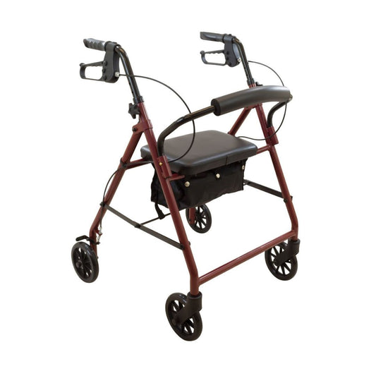 ProBasics Steel Rollator 6 burgundy four wheel rollator with padded seat backrest hand brakes and storage bag