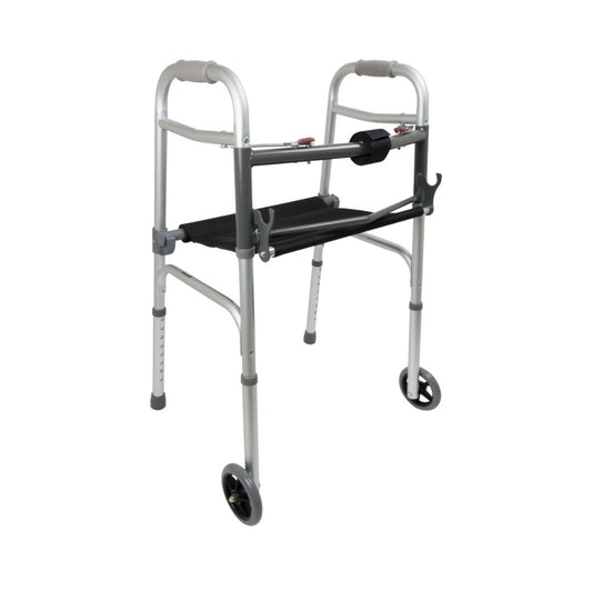 Compass Health Brands ProBasics Two-Button Folding Walker aluminum two wheeled walker with padded seat and adjustable height legs