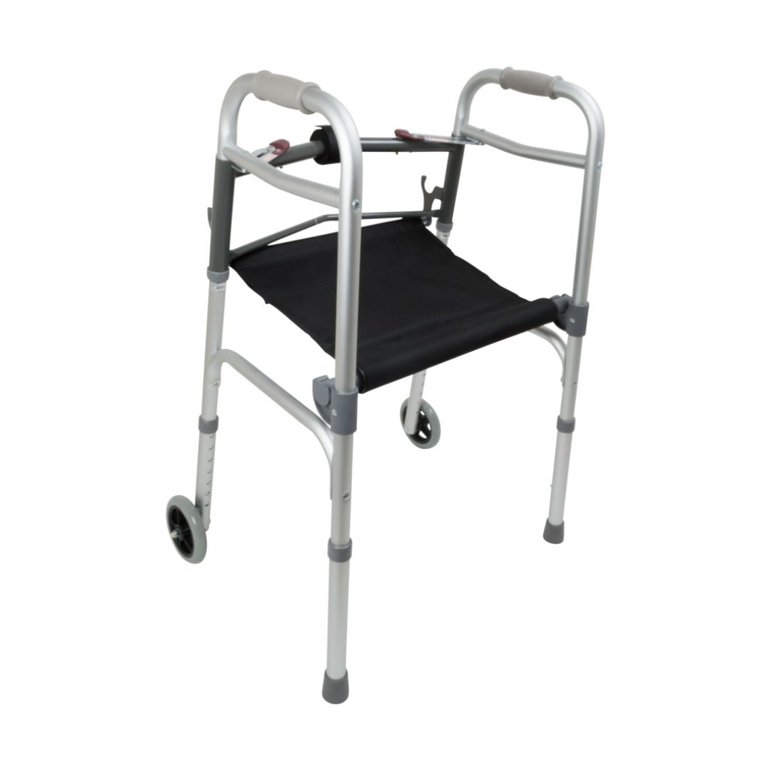 ProBasics Two-Button Folding Walker by Compass Health Brands aluminum frame with black seat and front wheels
