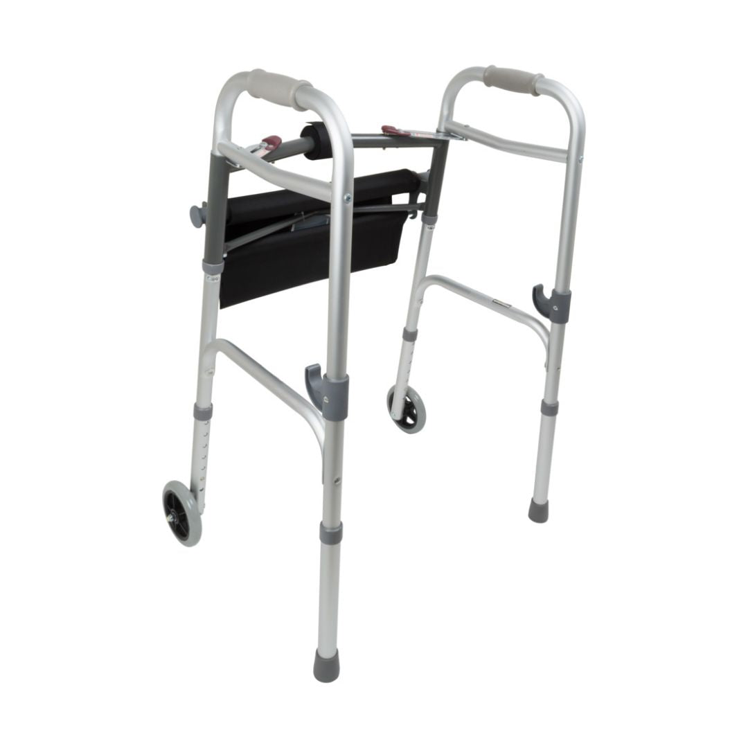 ProBasics Two-Button Folding Walker by compass Health Brands lightweight aluminum frame with front wheels and storage pouch