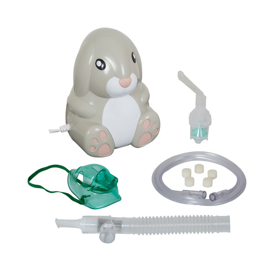 Roscoe Bunny Pediatric Nebulizer by compass Health Brands with bunny-shaped compressor and accessories for kids