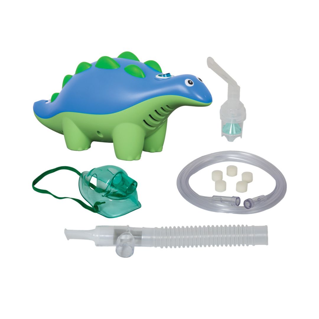 Roscoe Dinosaur Pediatric Nebulizer with dinosaur-shaped compressor and breathing accessories for kids