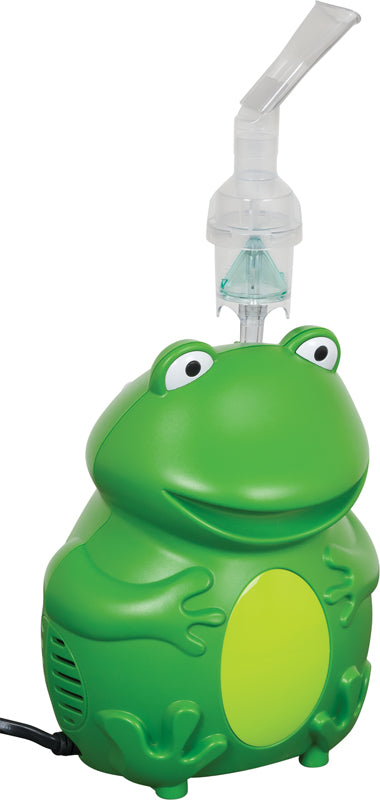 Roscoe Frog Nebulizer by Compass Health Brands green frog shaped pediatric nebulizer with mouthpiece