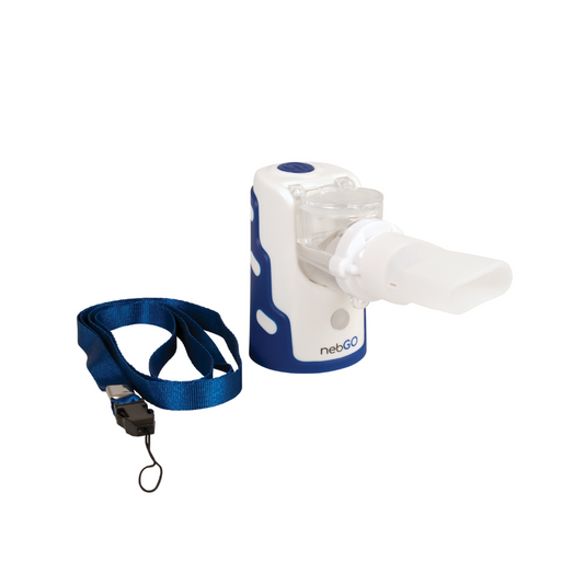 Roscoe nebGO Ultrasonic Handheld Nebulizer with blue carrying strap for portable respiratory treatment