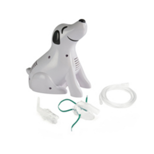 Roscoe Pediatric Dog Nebulizer by compass Health Brands with dog-shaped compressor and accessories