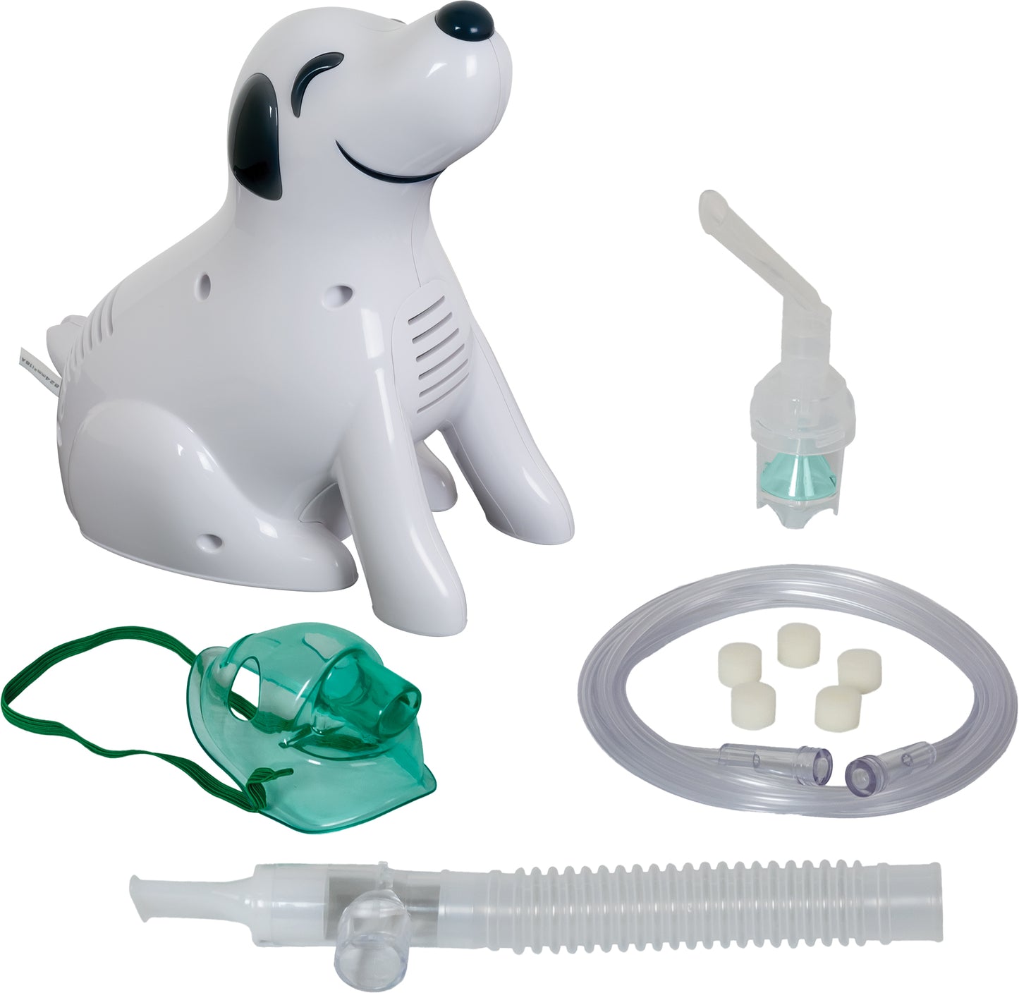 Roscoe Pediatric Dog Nebulizer by compass Health Brands with dog-shaped compressor and accessories for pet respiratory care