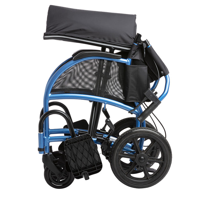 Folded STRONGBACK 12AB Transport Wheelchair 1003AB in blue with black seat and large rear wheels
