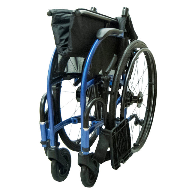Folded STRONGBACK 24AB Transport Wheelchair 1007AB with blue frame and black seat for easy mobility