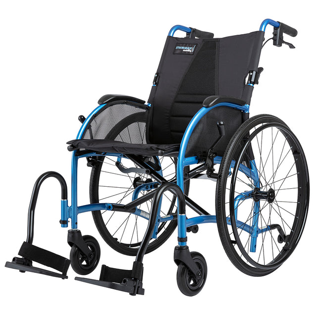STRONGBACK 24AB Transport Wheelchair 1007AB lightweight blue frame with black seat and footrests