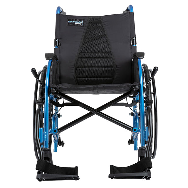 Front view of STRONGBACK 24AB Transport Wheelchair 1007AB with black seat and blue frame