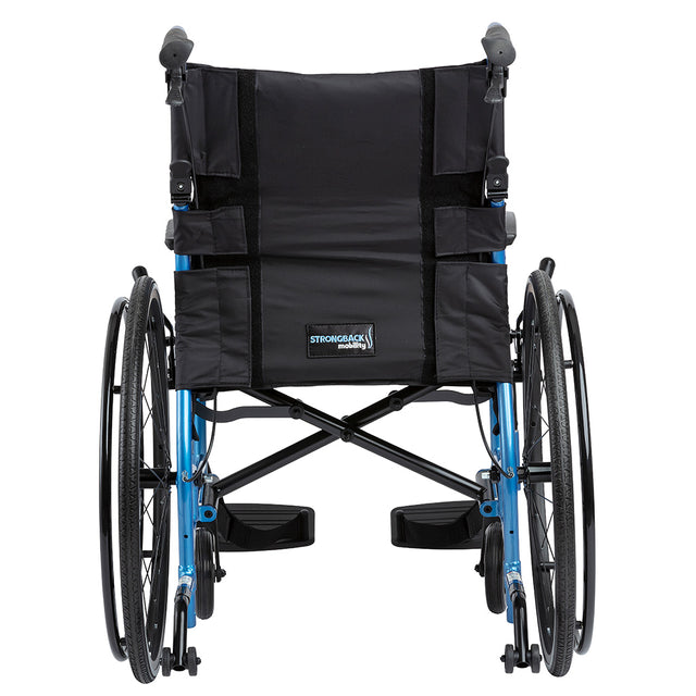 Rear view of STRONGBACK 24AB Transport Wheelchair 1007AB with black seat and blue frame